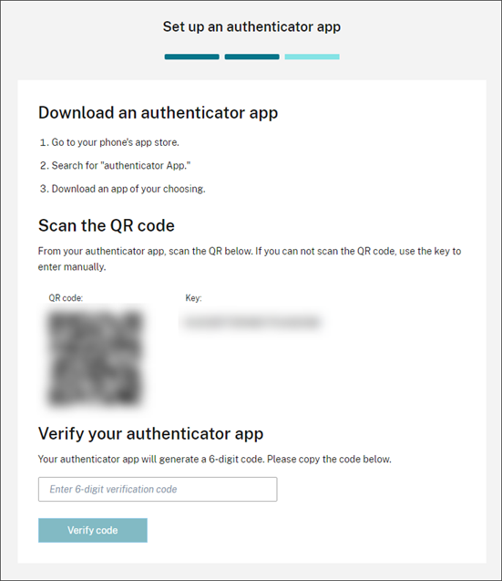 Download authenticator app screen with QR code and key highlighted