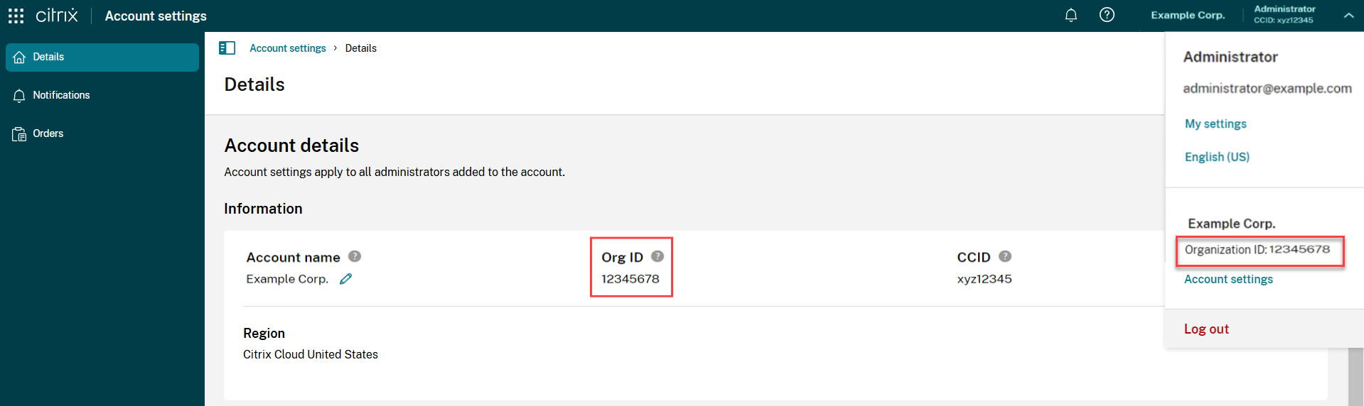 Página de Parámetros de cuenta en la consola de Citrix Cloud con el menú Parámetros de cuenta y el campo ID de organización resaltado