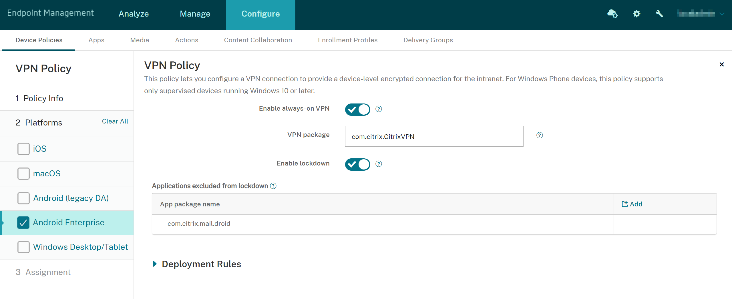 Pantalla de configuración Directivas de dispositivo