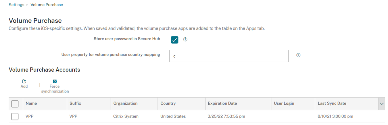 Pantalla de configuración de compras por volumen