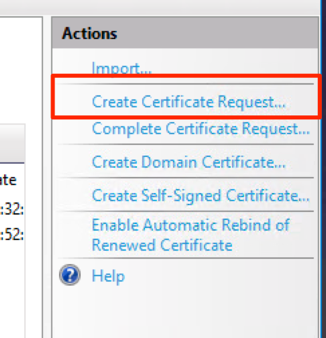 Screenshot of actions menu with "create certificate request" highlighted